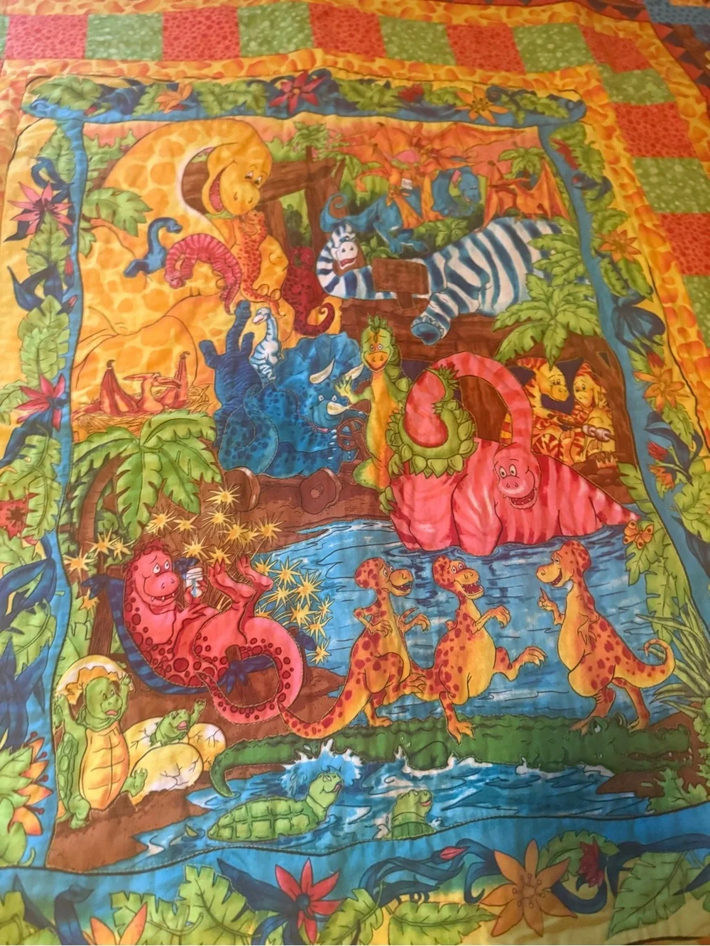 Homemade Dinosaur quilt Colorful Quilt Bright multi colors and dinosaurs
